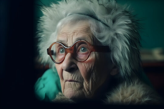 Old Woman With Big Glasses Watching TV. Generative AI