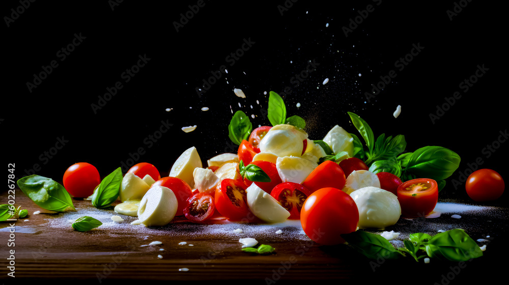 Poster wooden table topped with lots of different types of cheese and tomatos. generative ai.