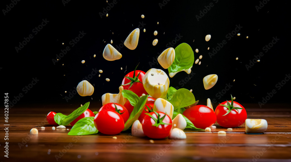 Poster bunch of tomatoes falling into pile of other tomatoes and basil leaves. generative ai.