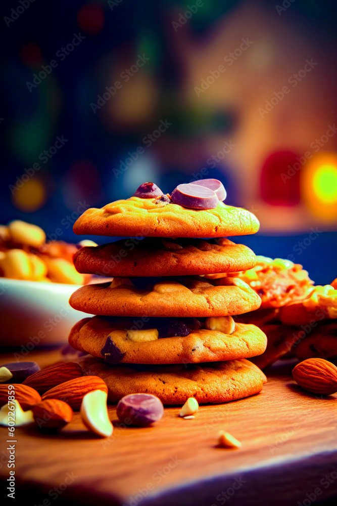 Aufkleber stack of cookies sitting on top of wooden table next to bowl of nuts. generative ai.