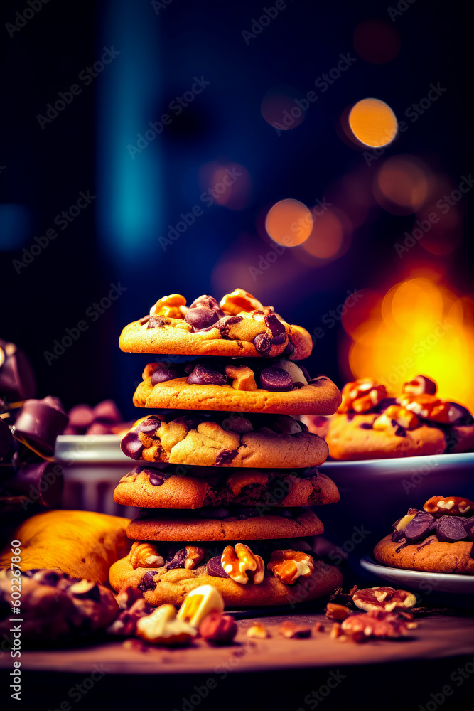 Poster stack of chocolate chip cookies sitting on top of table next to plate of cookies. generative ai.