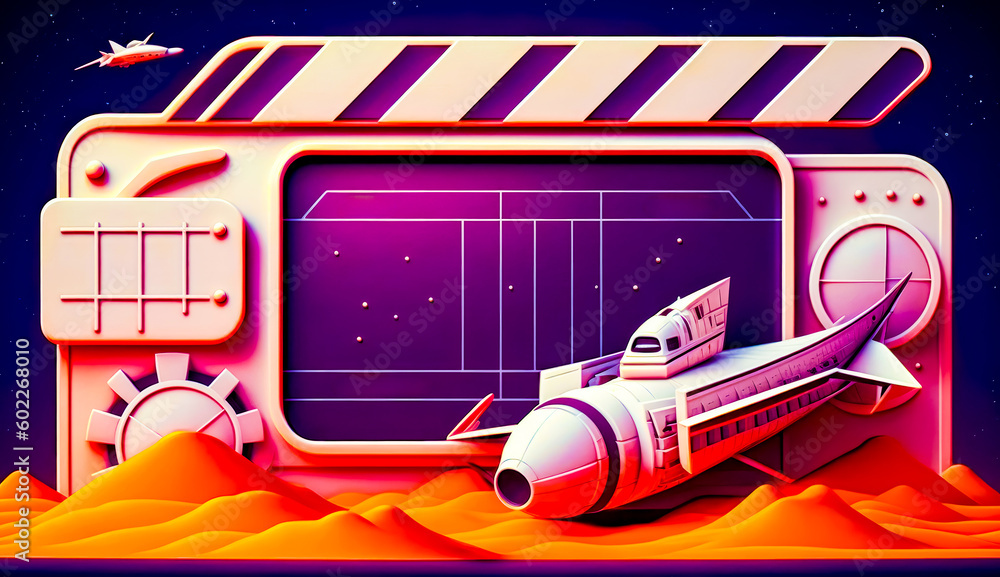 Aufkleber picture of space station with rocket and space shuttle on it. generative ai.