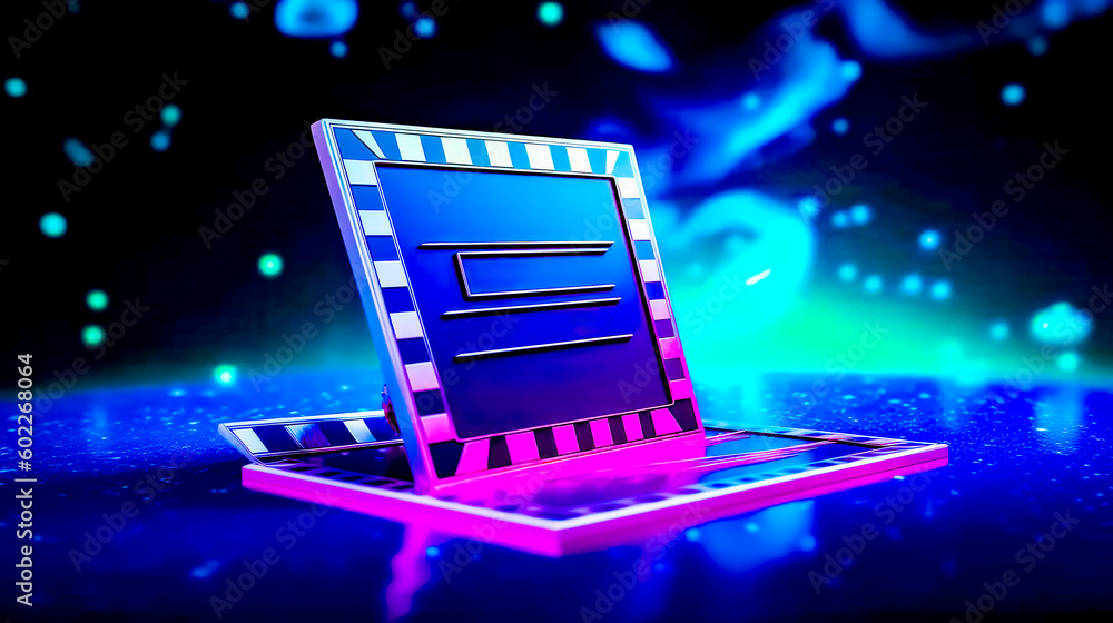 Poster laptop computer with blue and pink design on the top of it. generative ai.