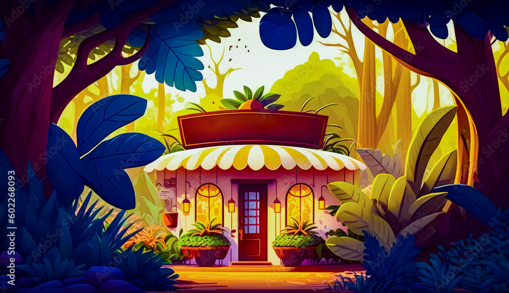 Poster painting of small building in the middle of forest with lots of trees. generative ai.
