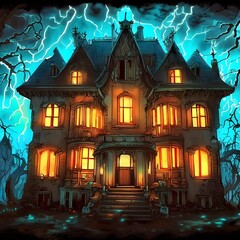 halloween haunted mansion with lightning on the sky illustration Generative AI