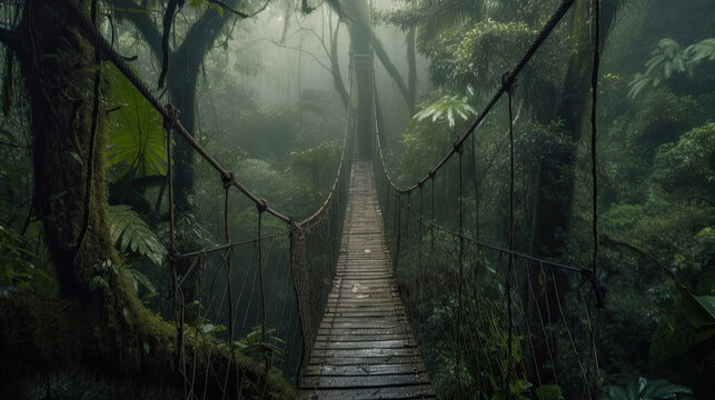 Suspension bridge in the rainforest, Generative AI