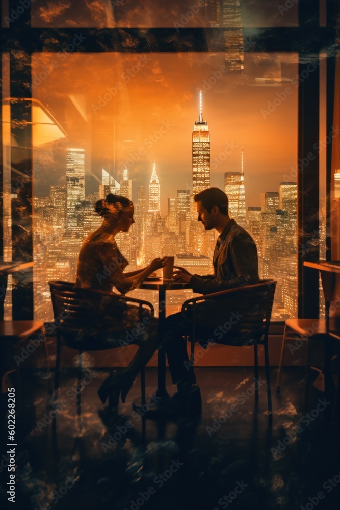 Poster a man and a woman sitting at a table in front of a window. generative ai image.