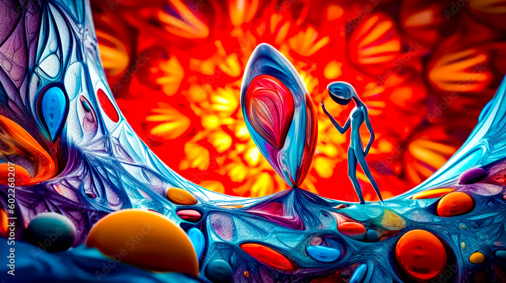 Poster painting of man standing on top of wave with red sky in the background. generative ai.