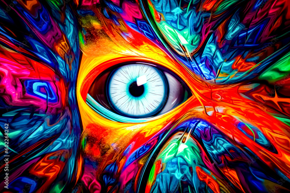 Poster painting of eye with colorful pattern on the outside of it. generative ai.