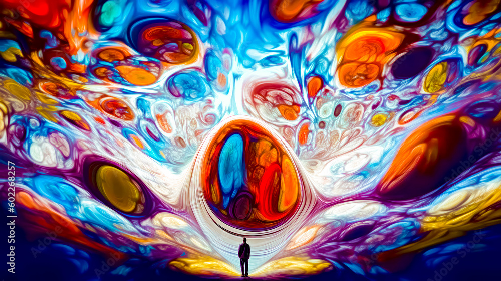 Aufkleber person standing in front of painting with different colors and shapes on it. generative ai.