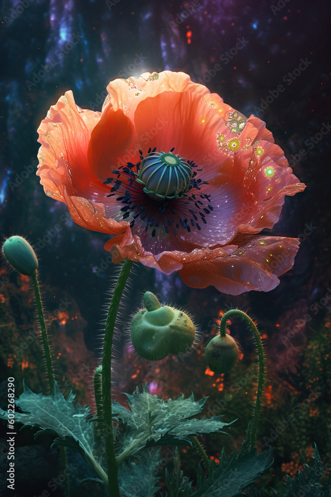 Poster poppy on a dark background with rays of light. generative ai