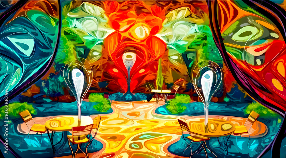 Poster painting of colorful landscape with trees and path leading to waterfall. generative ai.