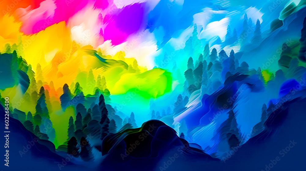 Poster painting of mountain with rainbow colored sky in the background and trees in the foreground. generat