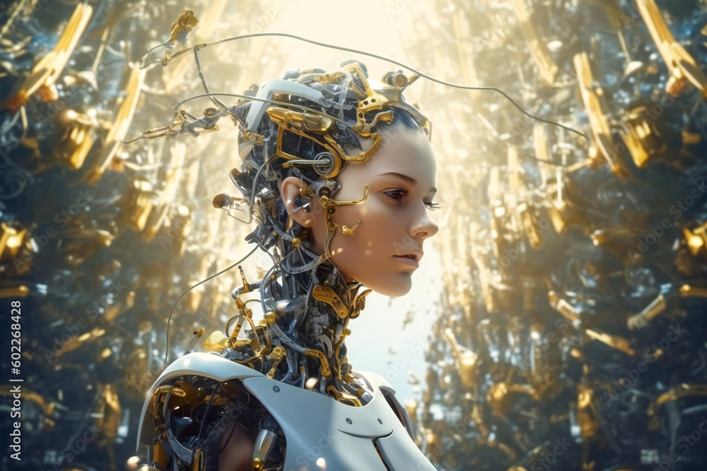 Poster stylized augmented human head. artificial intelligence concept illustration. created with generative