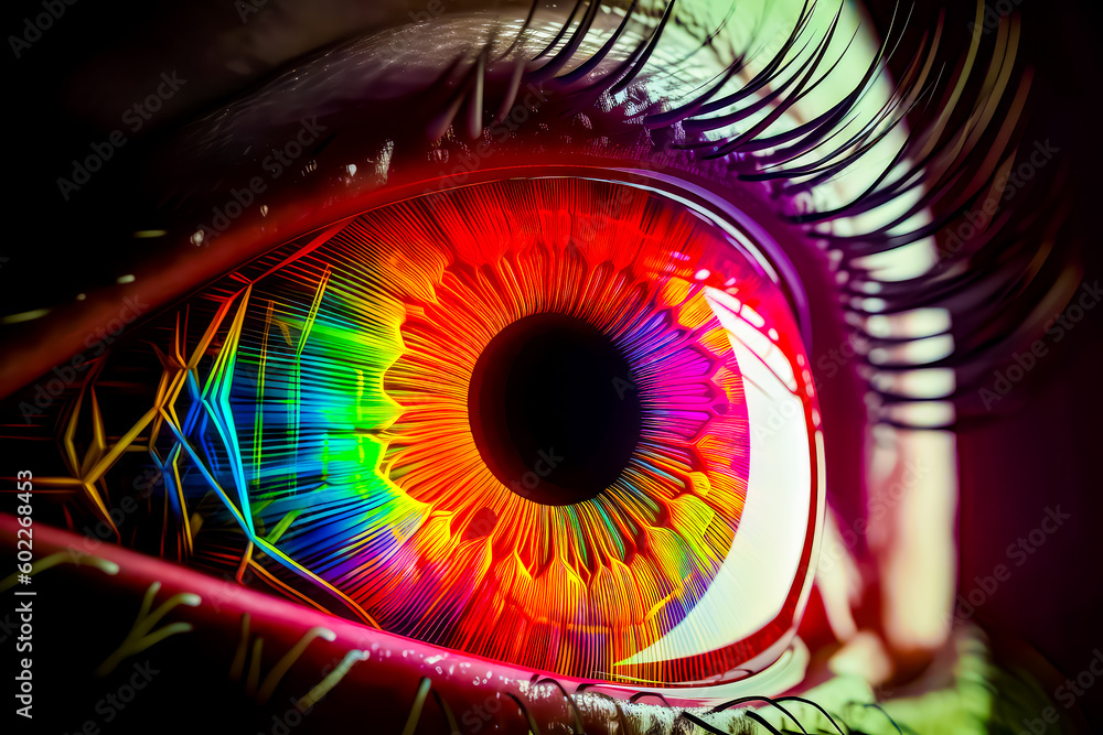 Poster close up of eye with rainbow colored iris in the iris. generative ai.