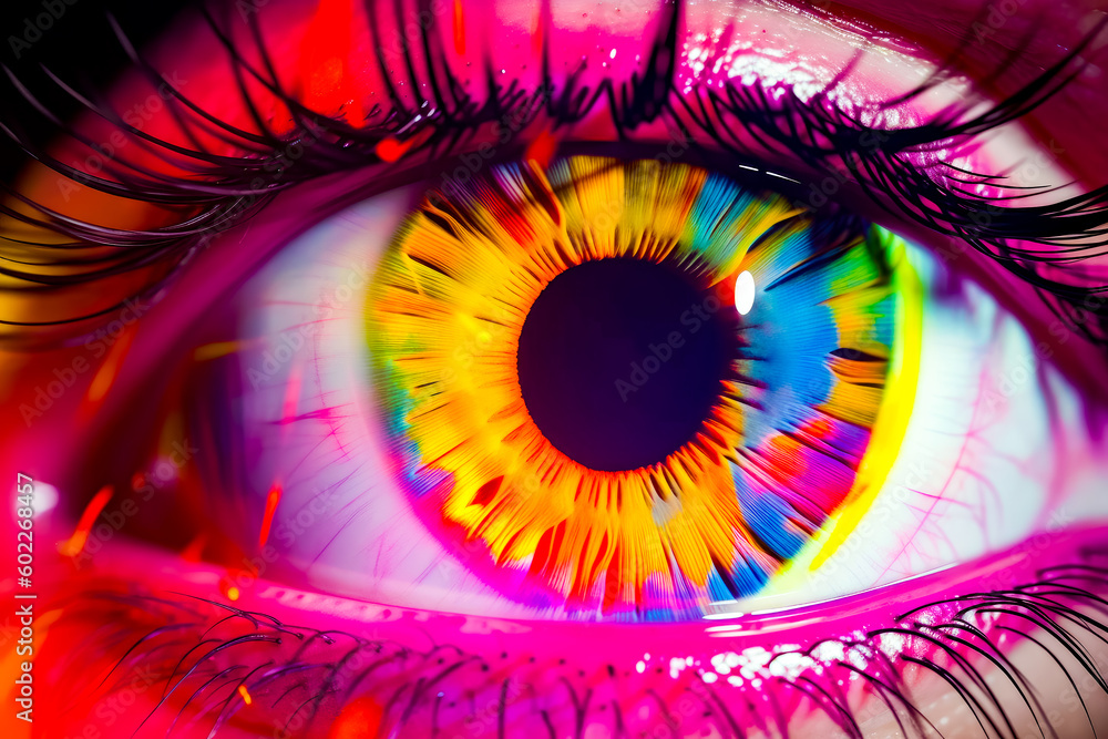 Poster close up of eye with bright colors on the iris of it. generative ai.
