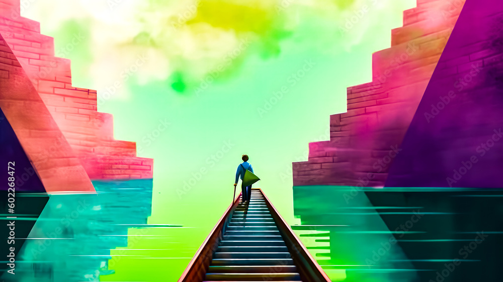 Aufkleber man standing on train track with suitcase on his back and rainbow sky in the background. generative 
