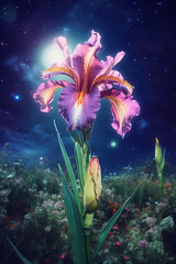 Obraz na płótnie Canvas Beautiful iris flower against the background of the starry sky, Generative AI