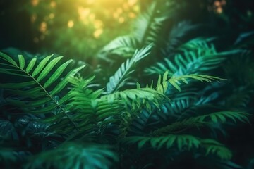 Nature leaves, green tropical forest, background photorealistic cinematic lighting, Generative AI