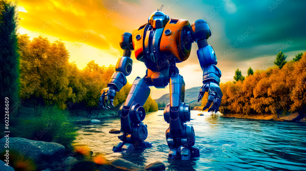 Poster robot that is standing in the water with skateboard in his hand. generative ai.