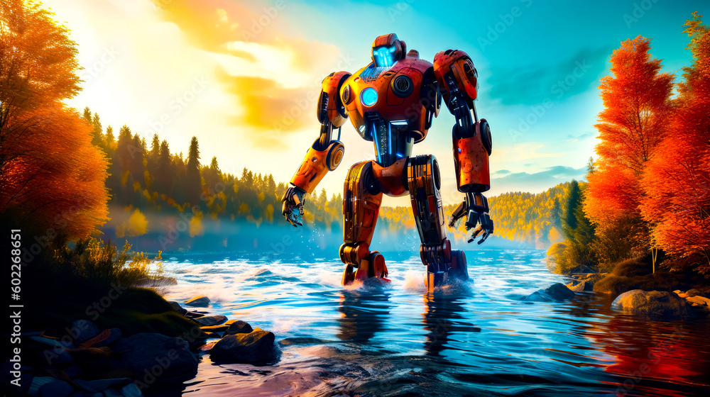 Poster robot is standing in the water near the shore of lake with forest in the background. generative ai.