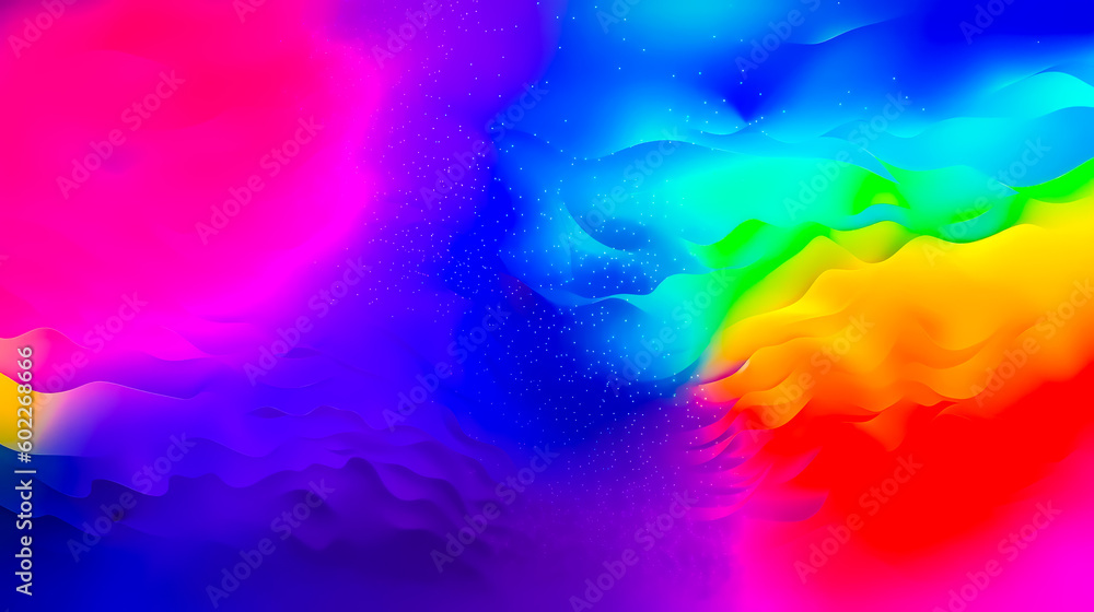 Poster multicolored image of rainbow in the sky with clouds and stars. generative ai.