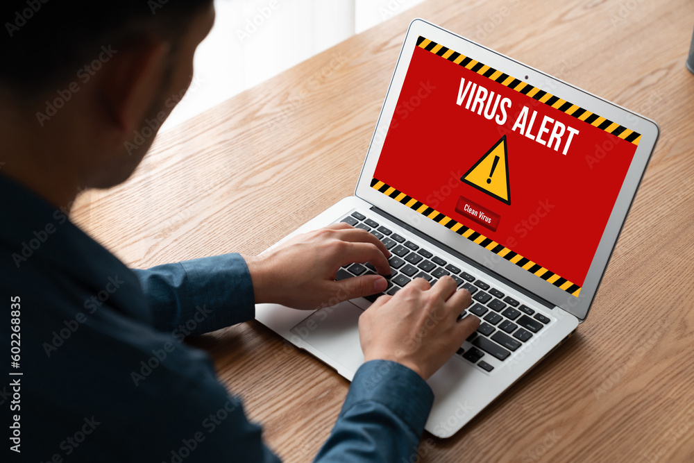 Poster virus warning alert on computer screen detected modish cyber threat , hacker, computer virus and mal