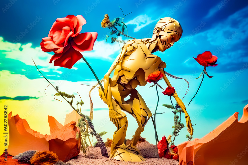 Poster skeleton in field of flowers with butterfly in the sky in the background. generative ai.