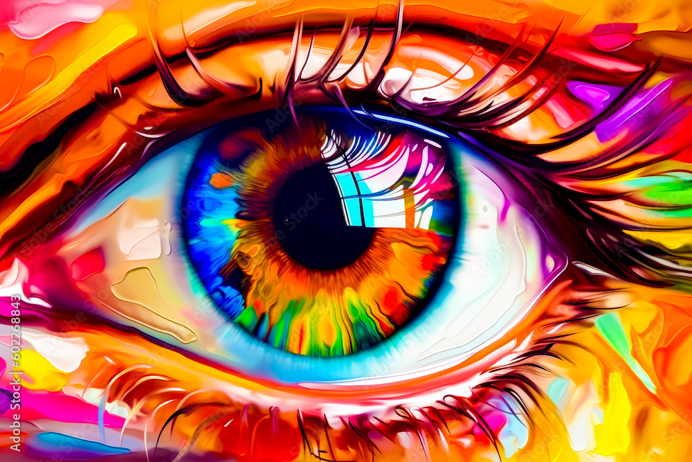 Aufkleber close up of eye with multicolored paint on it's iris. generative ai.