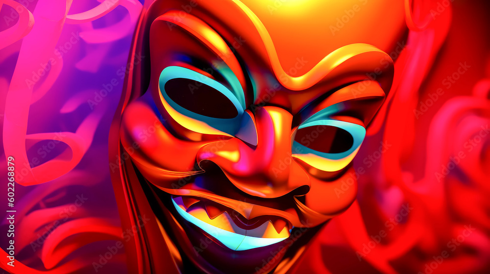Poster man wearing mask with smile on his face and red background. generative ai.