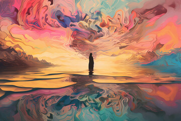 Surreal illustration of woman in colorful pastel clouds - Generative AI