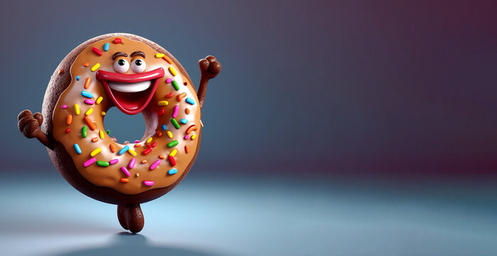 A 3D rendered image of a happy donut with a face, arms, and legs, set against a blue background. The banner has copy space available for text. Generative ai