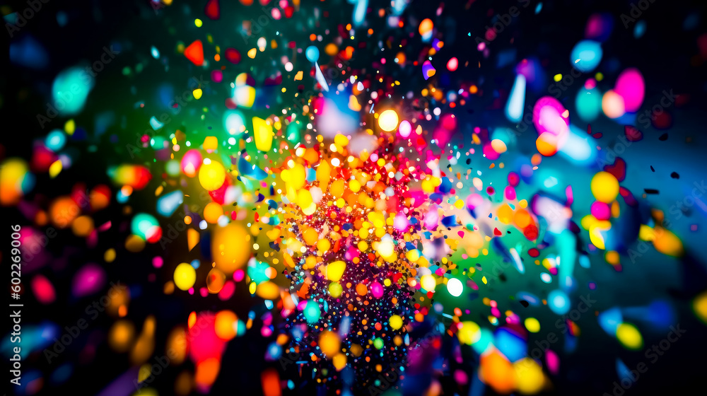 Aufkleber blurry image of colorful lights and confetti on black background. generative ai.