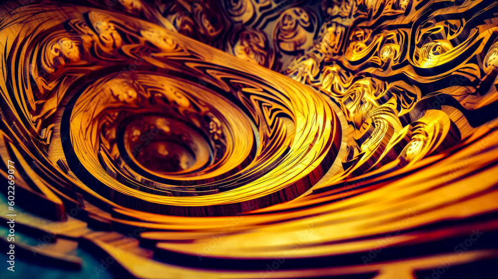 Poster close up view of yellow and black plate with swirls on it. generative ai.
