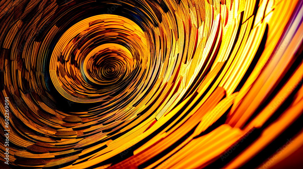 Poster close up view of yellow and red object with black background. generative ai.