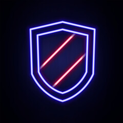 Glowing neon line Shield icon isolated on brick wall background. Guard sign. Security, safety, protection, privacy concept. Colorful outline concept. Vector