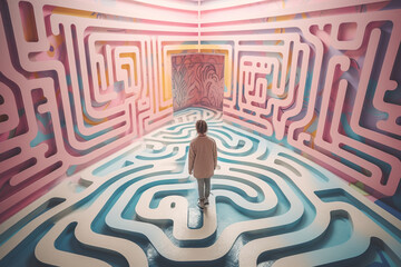 Man standing in surreal pastel colored room with maze shapes on the wall - Generative AI
