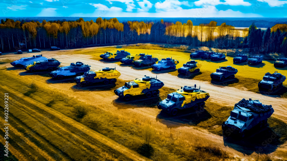 Poster bunch of tanks that are sitting in the middle of field with trees in the background. generative ai.