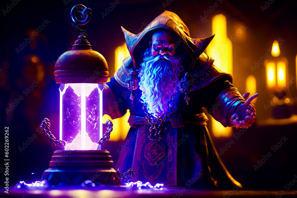 Poster wizard standing next to lamp with purple light on top of it. generative ai.