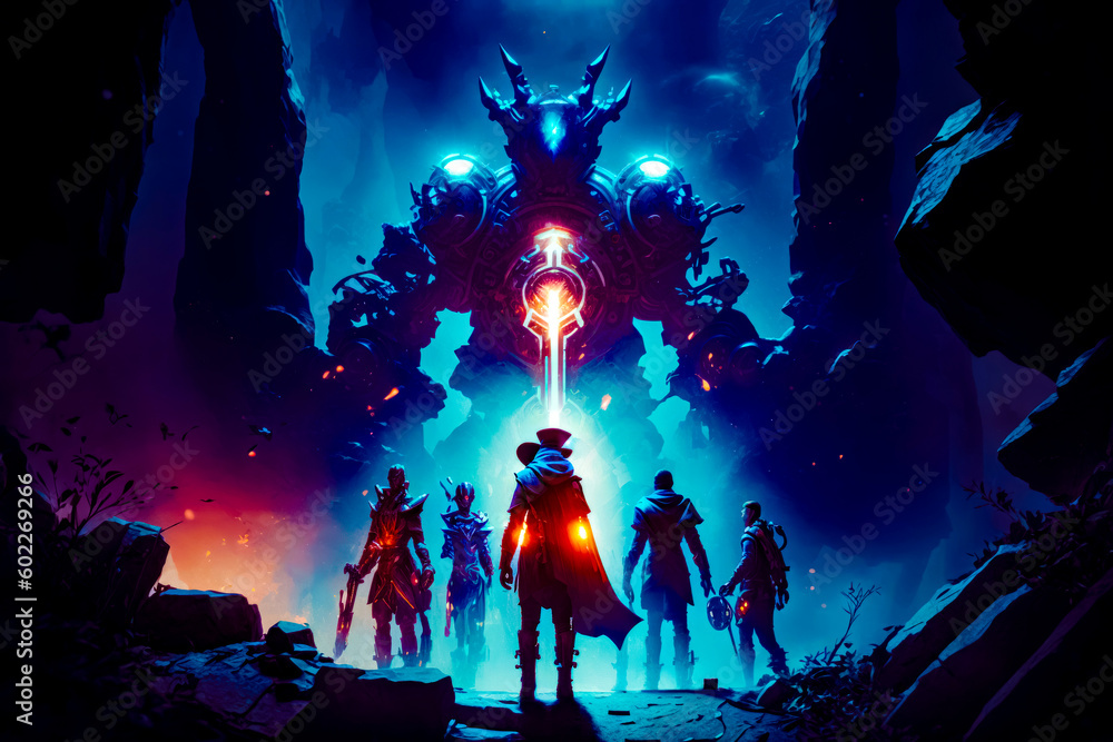 Poster group of people standing in front of giant robot with glowing eyes. generative ai.