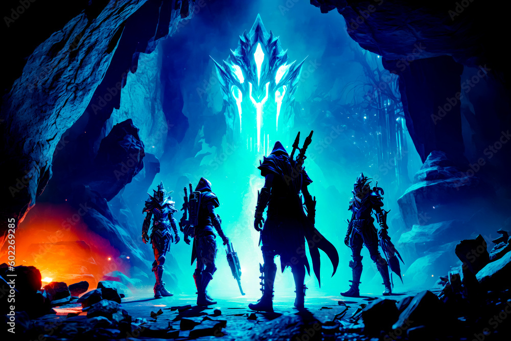 Poster group of people standing in front of cave in video game. generative ai.