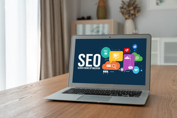 SEO search engine optimization for modish e-commerce and online retail business showing on computer...
