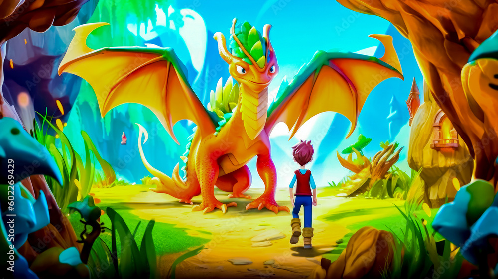 Poster boy standing in front of dragon in forest with another dragon in the background. generative ai.