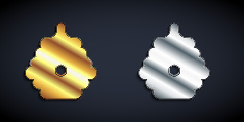 Gold and silver Hive for bees icon isolated on black background. Beehive symbol. Apiary and beekeeping. Sweet natural food. Long shadow style. Vector