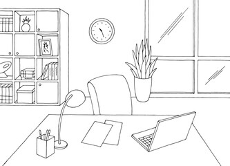 View of the desk in the office graphic black white interior sketch illustration vector - 602269487