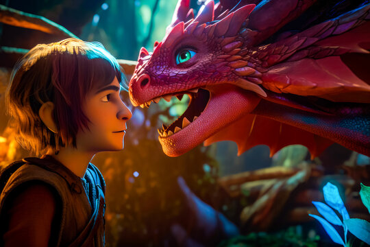 Boy and dragon in scene from the movie how to train your dragon. Generative AI.
