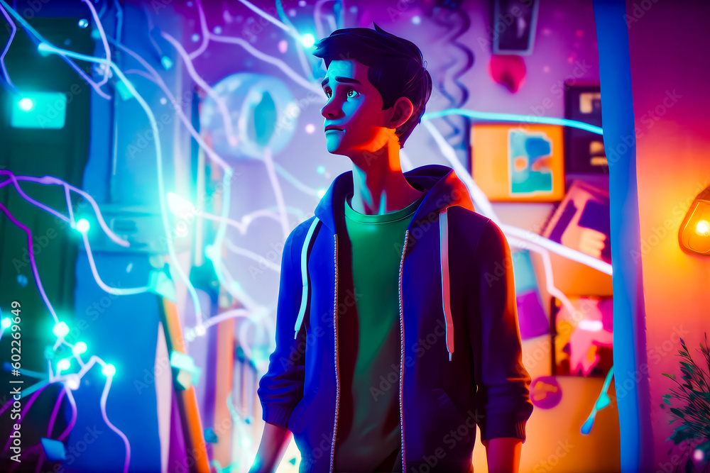 Poster man standing in room with neon lights on the walls and painting behind him. generative ai.