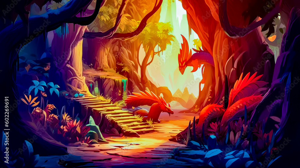 Poster digital painting of forest with path leading to bright light. generative ai.