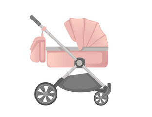 Pink color baby carriage on wheels vector illustration isolated on white background