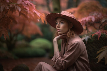 Fototapeta na wymiar Depressed young eastern asian woman with pink hat sitting in forest of cherry blossom trees - Generative AI